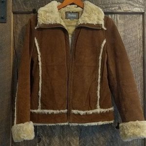 Wilsons Leather Brown Suede Shearling Jacket with Cream Trim